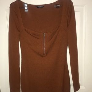 Rust long sleeve front zipper bodycon dress